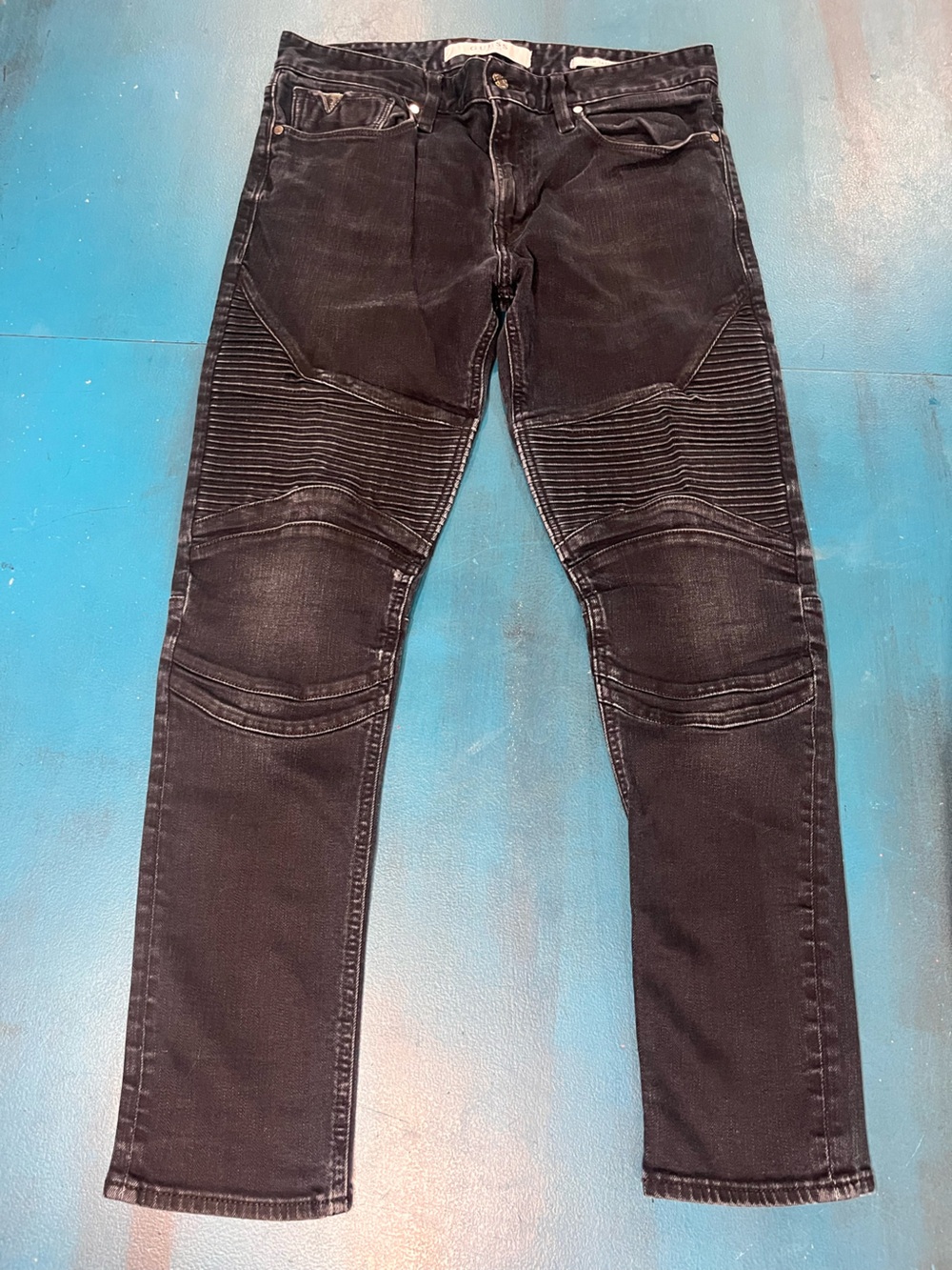 Guess Black Skinny Moto Jeans with Ribbed Knee Panels